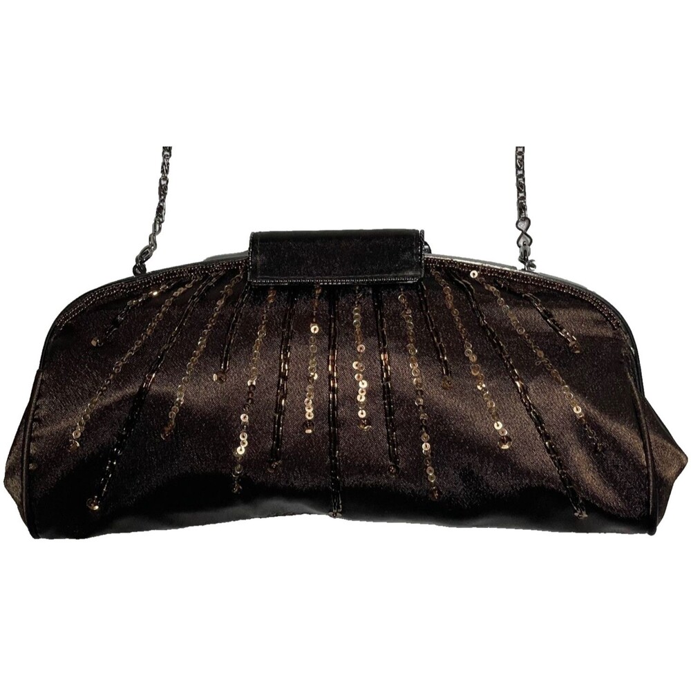 Nite Bags by Carlo Fellini Brown Sequin Satin Clutch Bag w/ Chain Strap Vintage